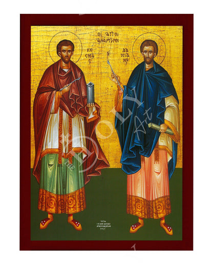 Saint Cosmas and Damian icon, Handmade Greek Orthodox Icon of Agioi Anargyroi, Byzantine art wall hanging plaque Patron Saints of Medicine - TheHolyArt