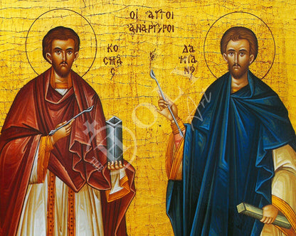 Saint Cosmas and Damian icon, Handmade Greek Orthodox Icon of Agioi Anargyroi, Byzantine art wall hanging plaque Patron Saints of Medicine - TheHolyArt