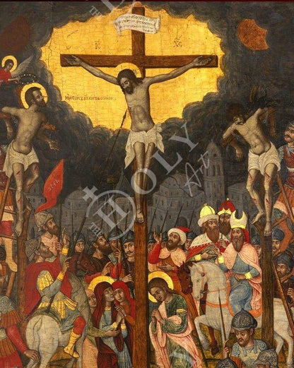 The Crucifixion icon, Jesus Christ Holy Cross Handmade Greek Orthodox icon, Byzantine art wall hanging wood plaque icon, religious gift - TheHolyArt