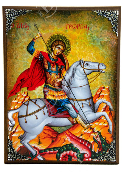Saint George icon, Handmade Greek Orthodox icon of St George, Byzantine art wall hanging icon wood plaque of Agios Georgios, religious decor - TheHolyArt
