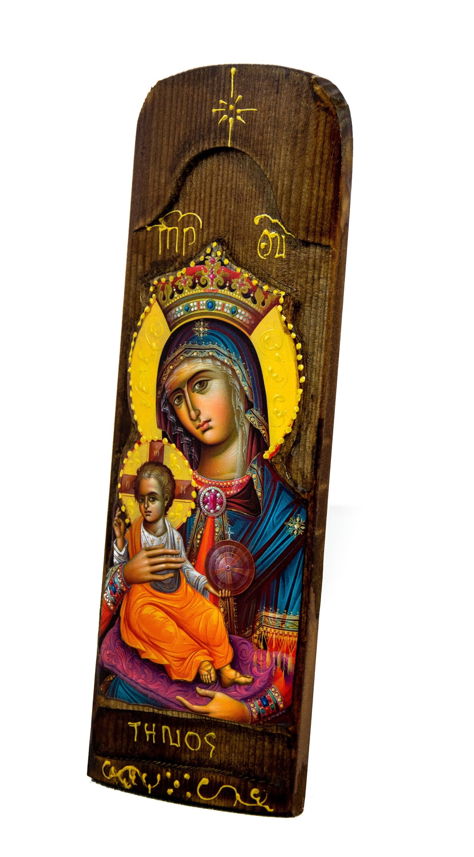 Virgin mary icon panagia, handmade greek orthodox icon, mother of god byzantine art, theotokos wall hanging wood plaque religious decor TheHolyArt