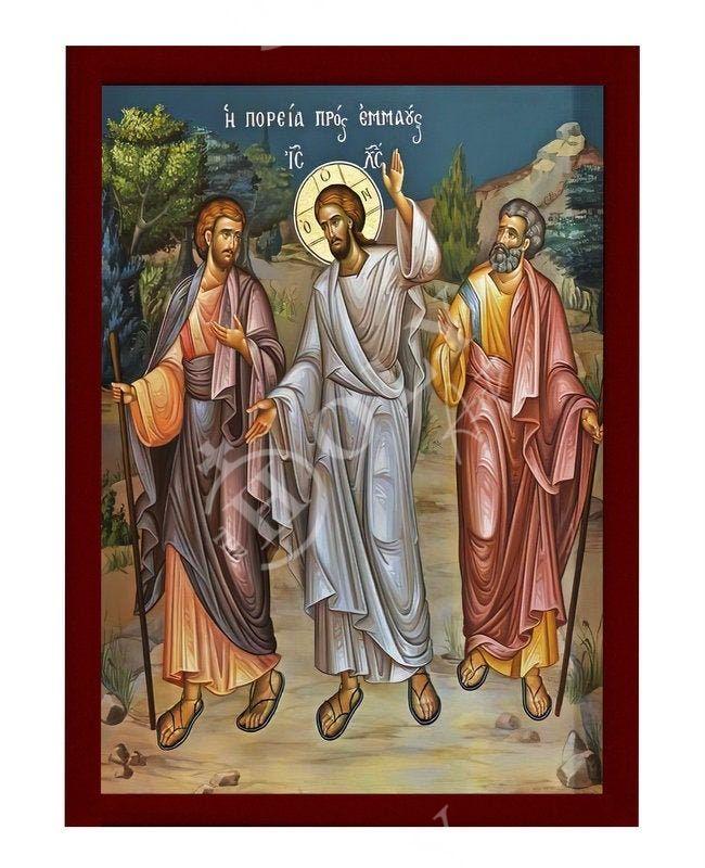 Road to Emmaus icon, Handmade Greek Orthodox icon of Jesus Christ St Cleopas Apostle Luke Byzantine art wall hanging wood plaque decor TheHolyArt