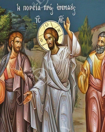 Road to Emmaus icon, Handmade Greek Orthodox icon of Jesus Christ St Cleopas Apostle Luke Byzantine art wall hanging wood plaque decor - TheHolyArt