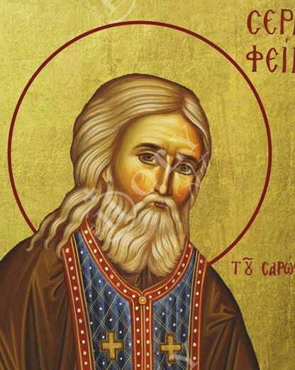 Saint Seraphim icon, Handmade Greek Orthodox icon St Seraphim of Sarov, Byzantine art wall hanging on wood plaque icon, religious decor - TheHolyArt