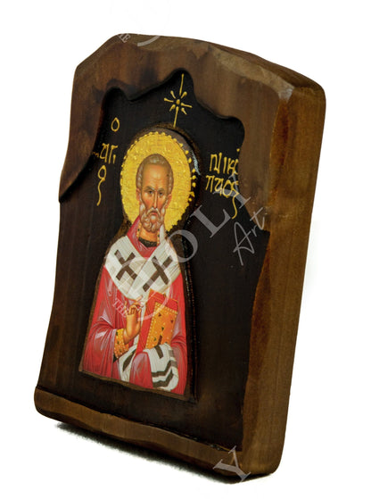 Saint Nicholas icon, Handmade Silver Greek Orthodox icon of St Nick, Byzantine art wall hanging icon on wood plaque, religious decor - TheHolyArt