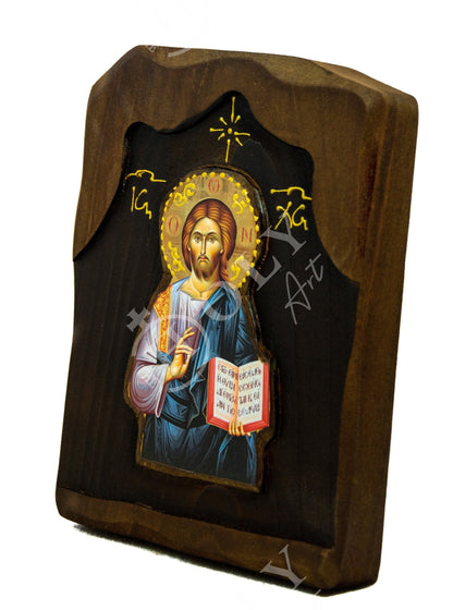 Jesus Christ icon, Handmade Greek Orthodox icon, Byzantine art wall hanging of our Lord on wood plaque, religious decor - TheHolyArt