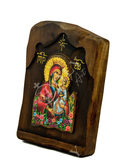 Virgin Mary icon Panagia Rose Amaranth, Handmade Greek Orthodox Icon, Mother of God Byzantine art, Theotokos wall hanging wood plaque - TheHolyArt
