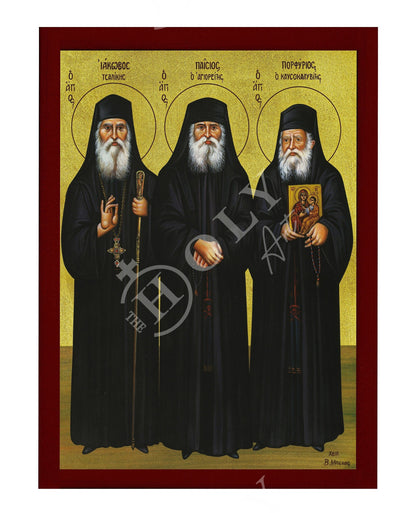 St Paisios of Mount Athos St Porphyrios & St Iakovos Tsalikis icon, Handmade Greek Orthodox icon, Byzantine art wall hanging wood plaque - TheHolyArt