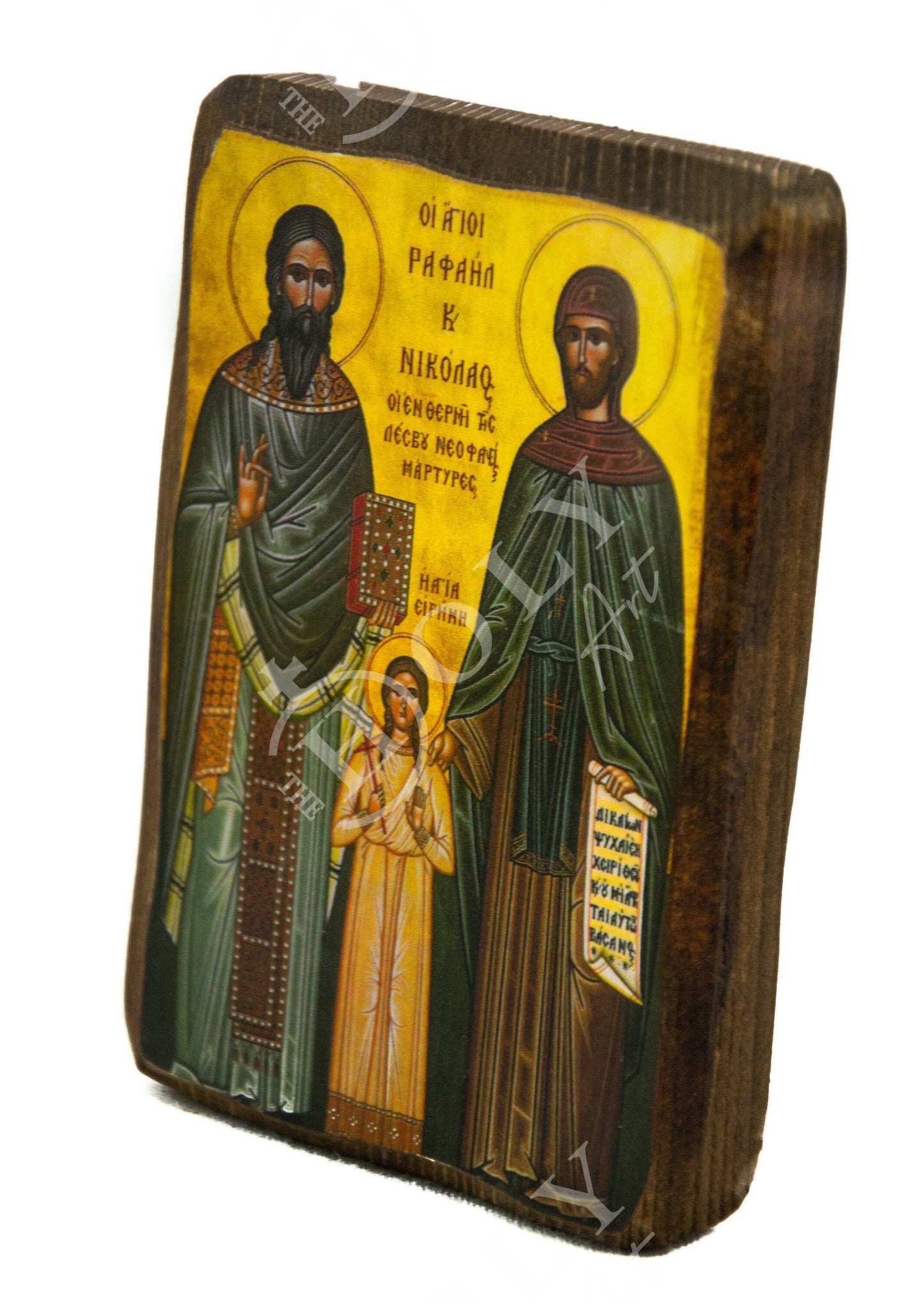 Saint Raphael Saint Nicholas Saint Irene icon Lesvos, Byzantine art wall hanging, Handmade Greek Orthodox icon wood plaque, religious gift TheHolyArt