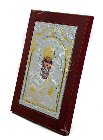 Saint Nicholas icon, Handmade Silver Greek Orthodox icon of St Nick, Byzantine art wall hanging icon on wood plaque, religious decor - TheHolyArt