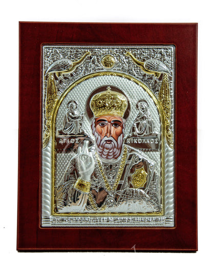 Saint Nicholas icon, Handmade Silver Greek Orthodox icon of St Nick, Byzantine art wall hanging icon on wood plaque, religious decor - TheHolyArt