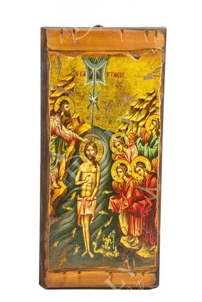 The Baptism of Jesus Christ icon, Jesus Christ Baptized handmade Greek Orthodox Icon, Byzantine art wall hanging wood plaque canvas 38x18cm - TheHolyArt