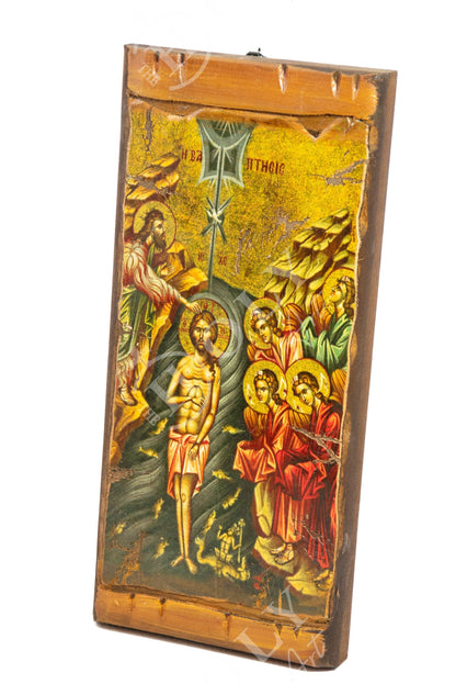 The Baptism of Jesus Christ icon, Jesus Christ Baptized handmade Greek Orthodox Icon, Byzantine art wall hanging wood plaque canvas 38x18cm - TheHolyArt