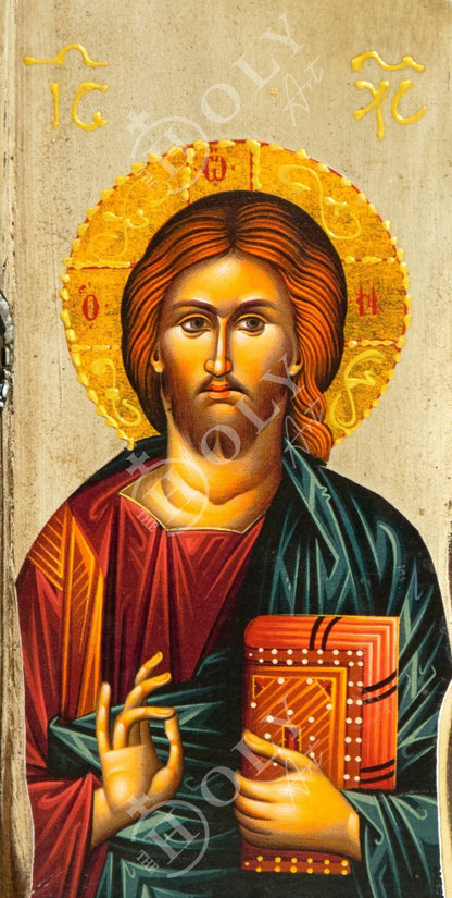 Jesus Christ icon, Handmade Greek Orthodox icon, Byzantine art wall hanging of our Lord on wood plaque, religious decor 29x14cm, home decor - TheHolyArt