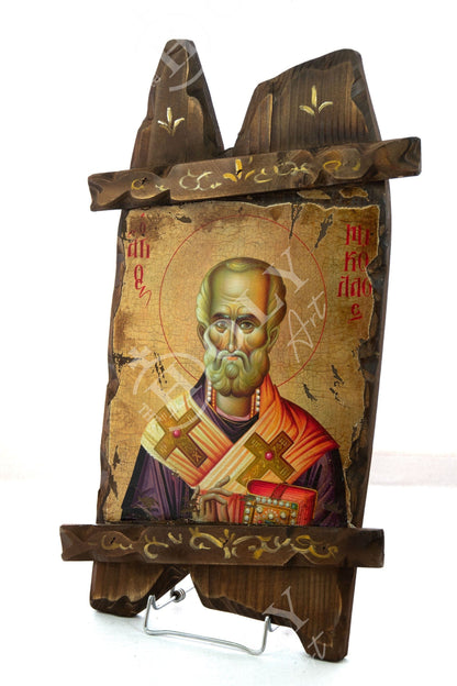 Saint Nicholas icon, Handmade Greek Orthodox icon of St Nick, Byzantine art wall hanging icon on wood plaque canvas 52x31cm, religious gift - TheHolyArt