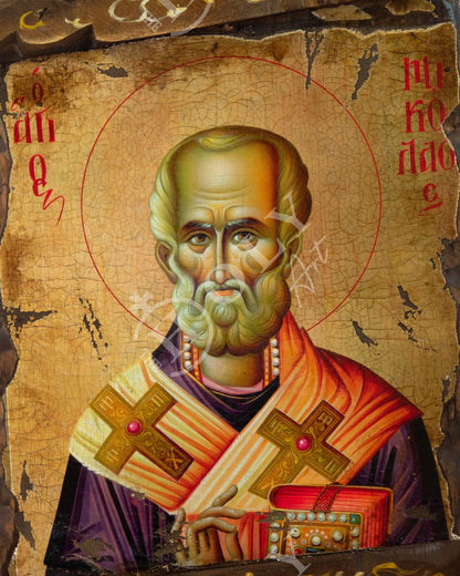 Saint Nicholas icon, Handmade Greek Orthodox icon of St Nick, Byzantine art wall hanging icon on wood plaque canvas 52x31cm, religious gift - TheHolyArt