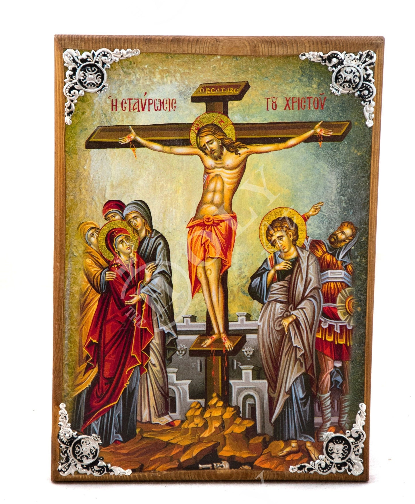 The Crucifixion icon, Jesus Christ Holy Cross Handmade Greek Orthodox icon, Byzantine art wall hanging wood plaque icon, religious gift TheHolyArt