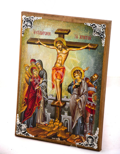 The Crucifixion icon, Jesus Christ Holy Cross Handmade Greek Orthodox icon, Byzantine art wall hanging wood plaque icon, religious gift - TheHolyArt