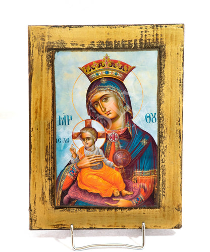 Virgin Mary icon Panagia, Handmade Greek Orthodox icon Theotokos, Mother of God Byzantine art wall hanging wood plaque, wedding gift 22x16cm - TheHolyArt