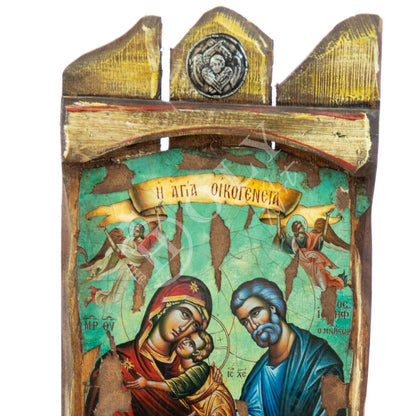 The Holy Family icon, Handmade Greek Orthodox icon, Byzantine art wall hanging icon on canvas aged wood plaque 45x21cm, wedding gift - TheHolyArt