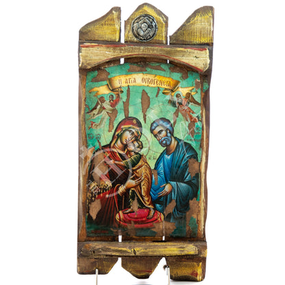 The Holy Family icon, Handmade Greek Orthodox icon, Byzantine art wall hanging icon on canvas aged wood plaque 45x21cm, wedding gift - TheHolyArt