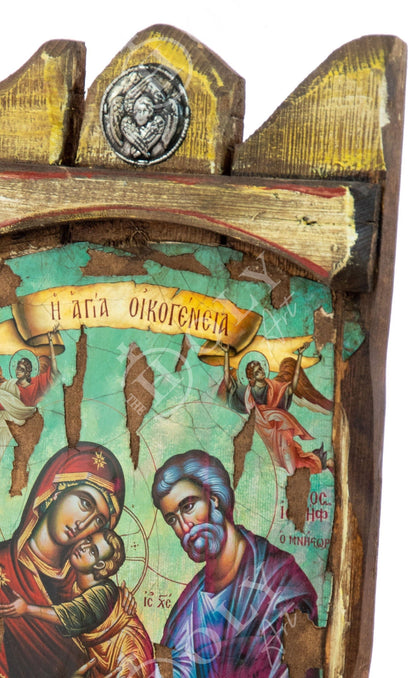 The Holy Family icon, Handmade Greek Orthodox icon, Byzantine art wall hanging icon on canvas aged wood plaque 45x21cm, wedding gift - TheHolyArt