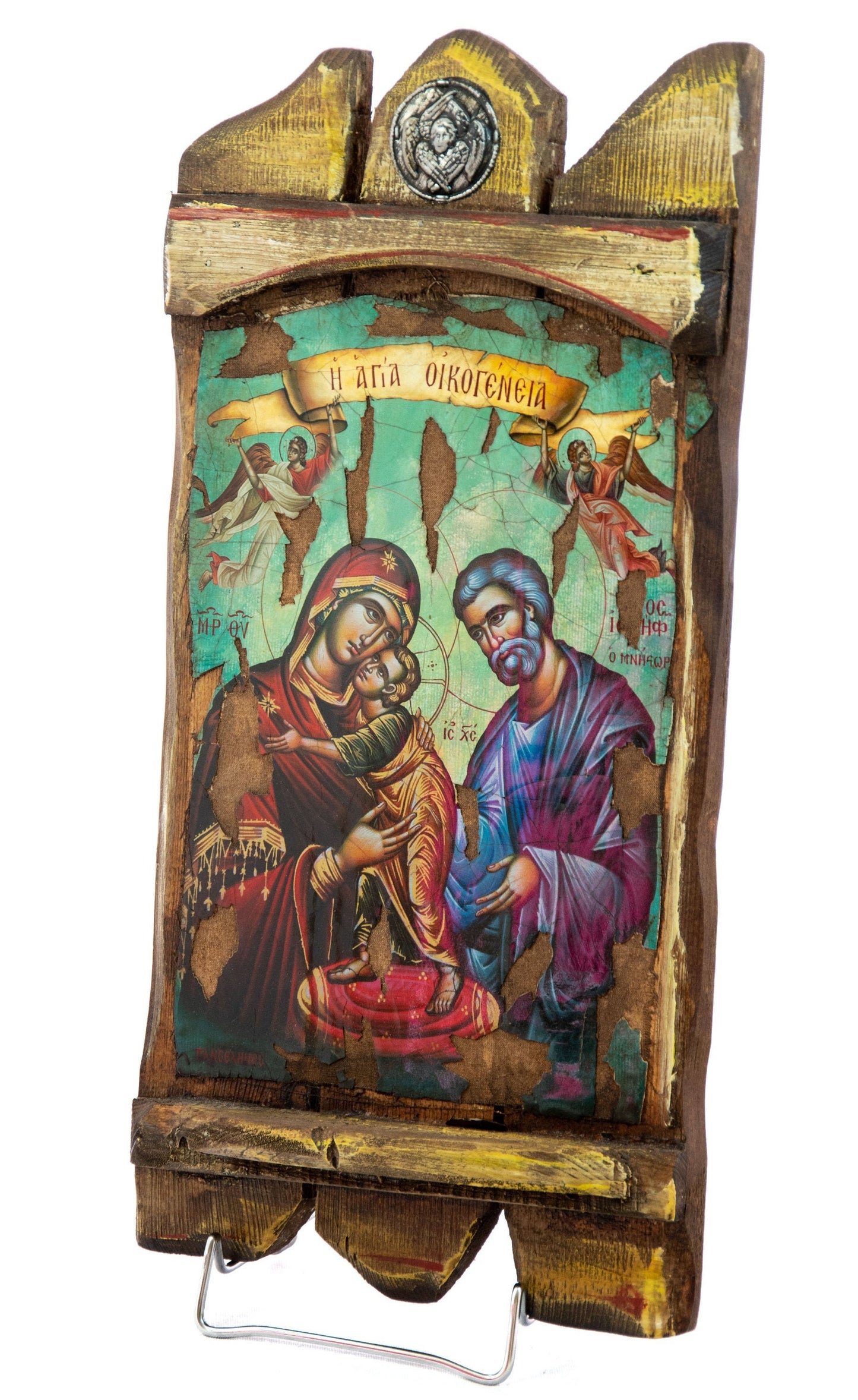 The Holy Family icon, Handmade Greek Orthodox icon, Byzantine art wall hanging icon on canvas aged wood plaque 45x21cm, wedding gift TheHolyArt