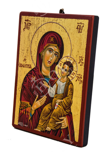 Hand painted Virgin Mary icon Panagia Odigitria, Handmade Greek Orthodox icon w/ gold leaf 22k of Theotokos, Byzantine art wall hanging - TheHolyArt