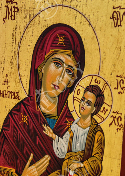 Hand painted Virgin Mary icon Panagia Odigitria, Handmade Greek Orthodox icon w/ gold leaf 22k of Theotokos, Byzantine art wall hanging - TheHolyArt