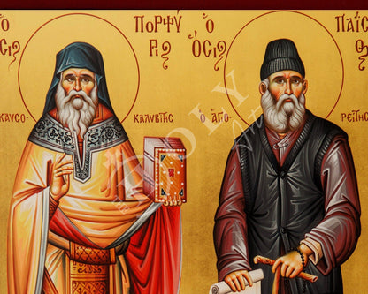 St Paisios of Mount Athos & St Porphyrios icon, Handmade Greek Orthodox icon, Byzantine art wall hanging wood plaque, religious decor - TheHolyArt