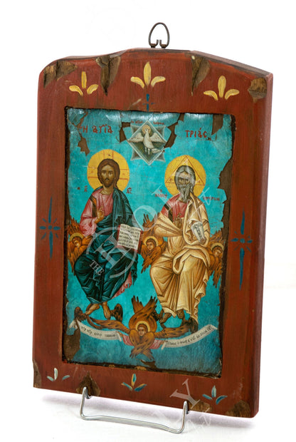 The Holy Trinity icon, Handmade Greek Orthodox icon, Byzantine art wall hanging on canvas wood plaque 36x15cm, wedding gift religious decor - TheHolyArt