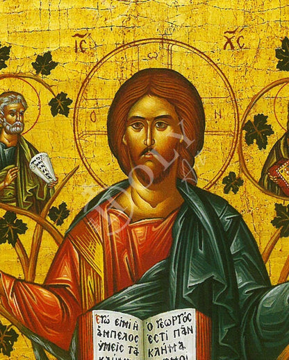 Jesus Christ icon with Apostles, Ampelos True Vine handmade Greek Orthodox icon, Byzantine art wall hanging on wood plaque, religious decor - TheHolyArt