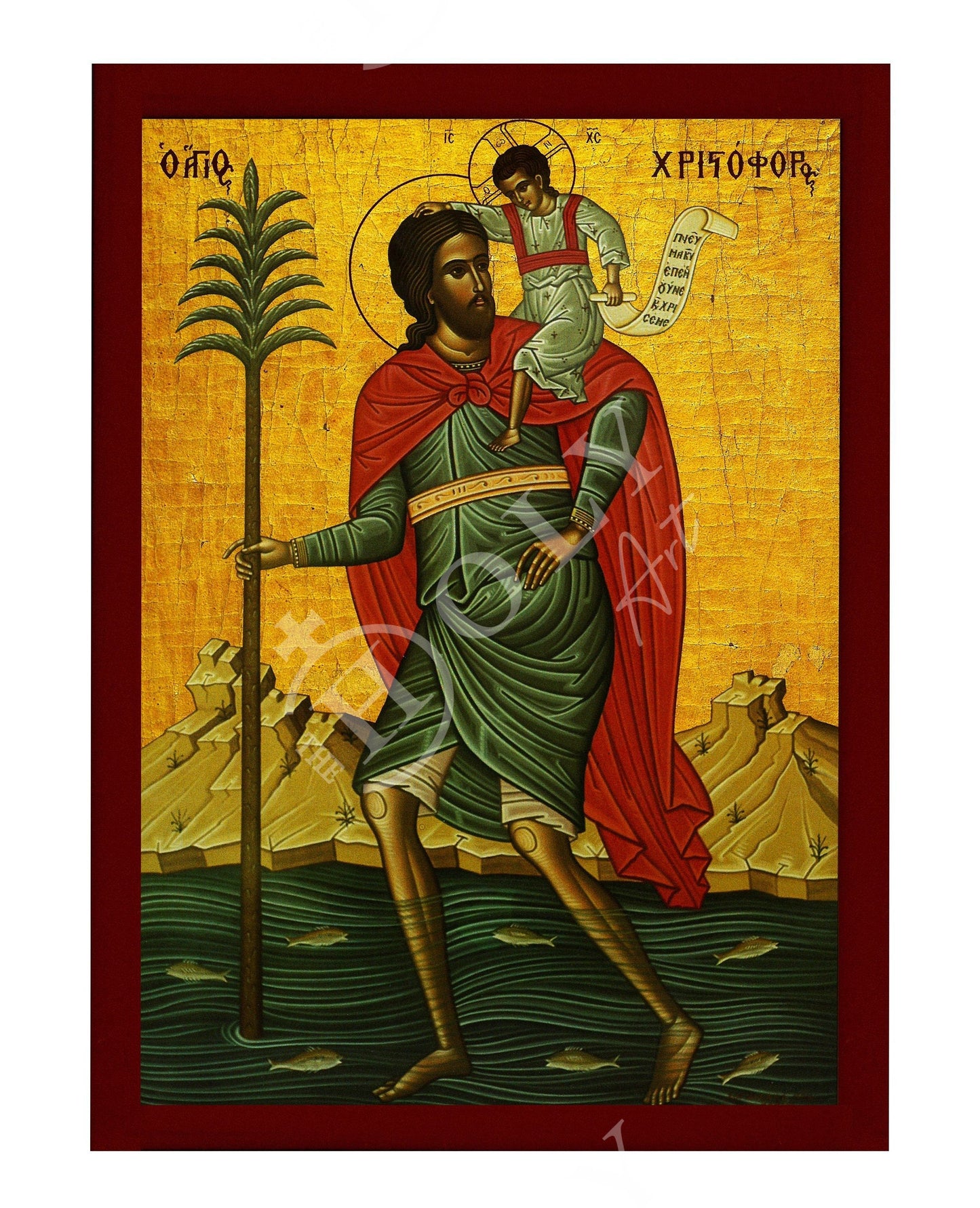 Saint Christopher icon, Handmade Greek Orthodox icon of Martyr Christopher of Lycea, Byzantine art wall hanging on wood plaque TheHolyArt