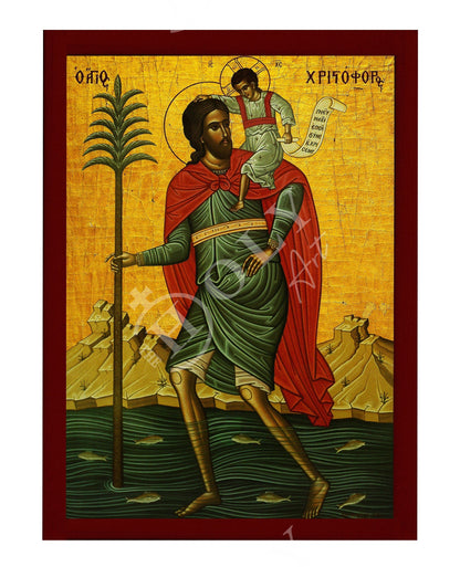 Saint Christopher icon, Handmade Greek Orthodox icon of Martyr Christopher of Lycea, Byzantine art wall hanging on wood plaque - TheHolyArt