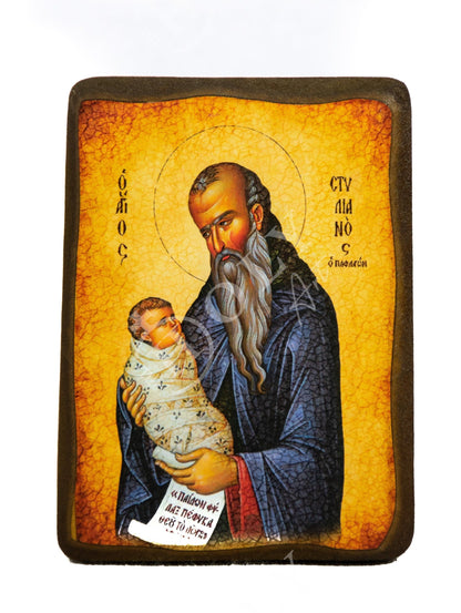 Saint Stylianos icon, Byzantine art wall hanging, Handmade Greek Orthodox icon of St Stylianos of Paphlagonia wood plaque, religious decor - TheHolyArt