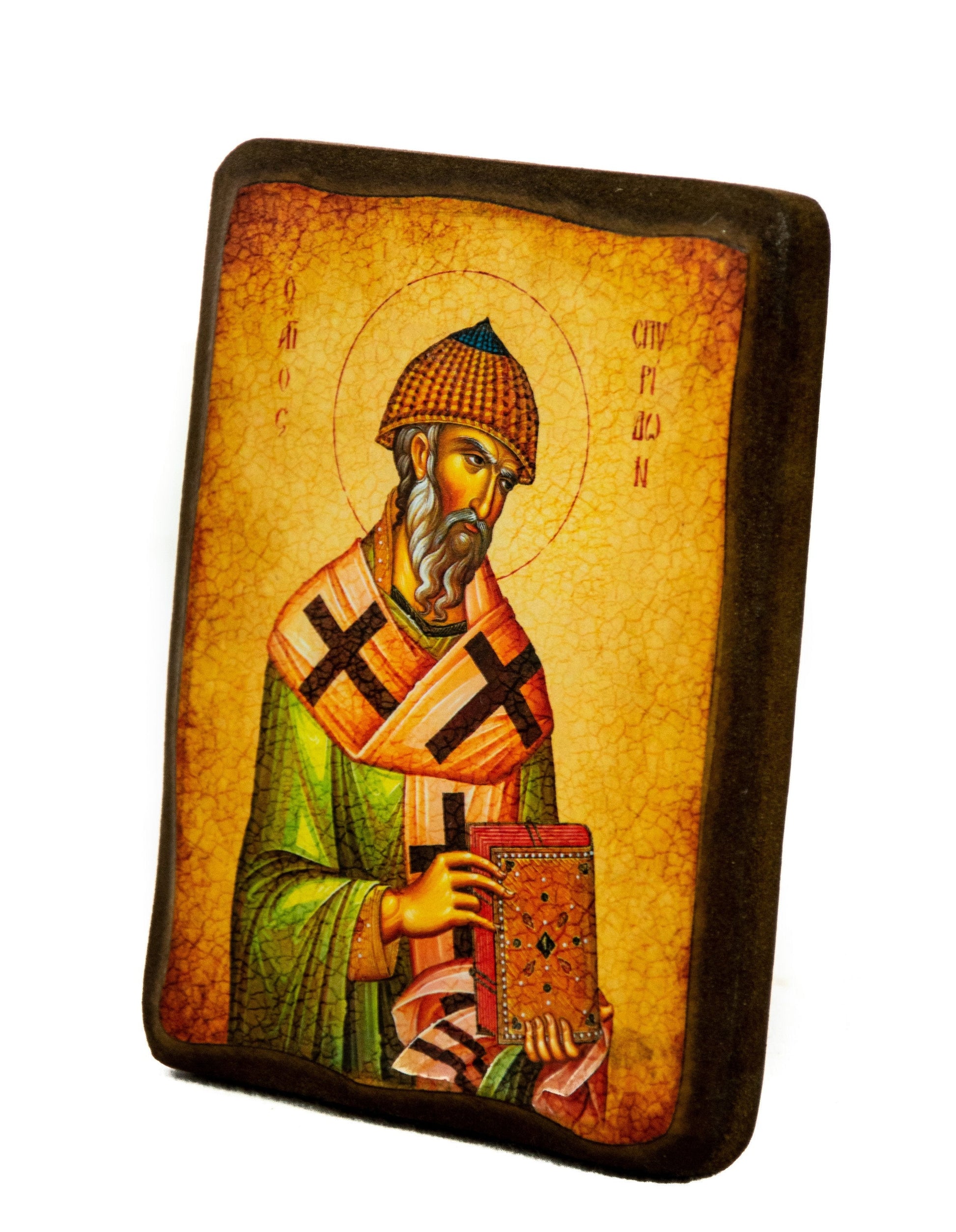 Saint Spyridon icon, Handmade Greek Orthodox icon of St Spyridon, Byzantine art wall hanging icon on wood plaque, religious decor TheHolyArt