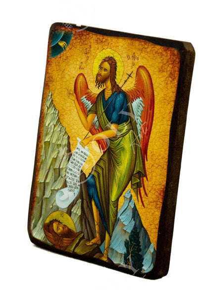 Saint John icon, Handmade Greek Orthodox icon of St John Baptist, Byzantine art wall hanging of the Forerunner wood plaque, religious decor - TheHolyArt