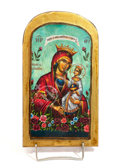 Virgin Mary icon Panagia Rose Amaranth, Handmade Greek Orthodox Icon Byzantine wood plaque - TheHolyArt
