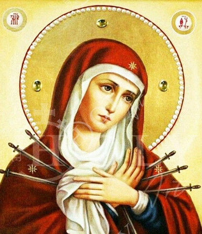 Our Lady of Sorrows icon, Virgin Mary icon Seven 7 swords, Handmade Greek Orthodox Icon, Mother of God Byzantine art wall hanging plaque - TheHolyArt
