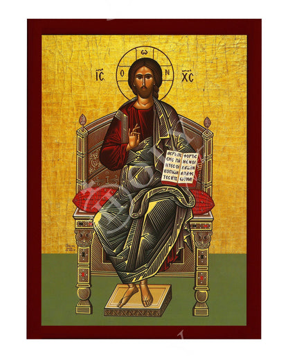 Jesus Christ icon Enthroned, Handmade Greek Orthodox icon of our Lord, Byzantine art wall hanging on wood plaque, religious icon home decor - TheHolyArt