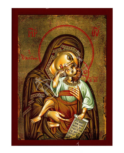 Virgin Mary icon Panagia Eleousa, Handmade Greek Orthodox Icon, Mother of God Byzantine art, Theotokos wall hanging wood plaque - TheHolyArt