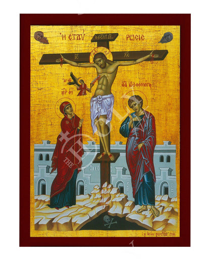 The Crucifixion icon, Jesus Christ Holy Cross Handmade Greek Orthodox icon, Byzantine art wall hanging wood plaque icon, religious gift - TheHolyArt