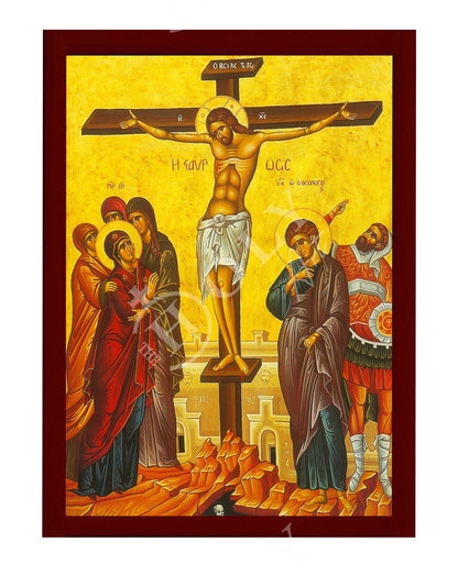 The Crucifixion icon, Jesus Christ Holy Cross Handmade Greek Orthodox icon, Byzantine art wall hanging wood plaque icon, religious gift - TheHolyArt