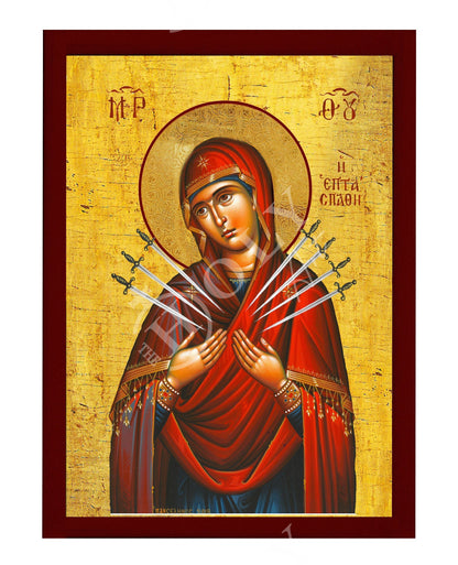 Our Lady of Sorrows icon, Virgin Mary icon Seven 7 swords, Handmade Greek Orthodox Icon, Mother of God Byzantine art wall hanging plaque - TheHolyArt