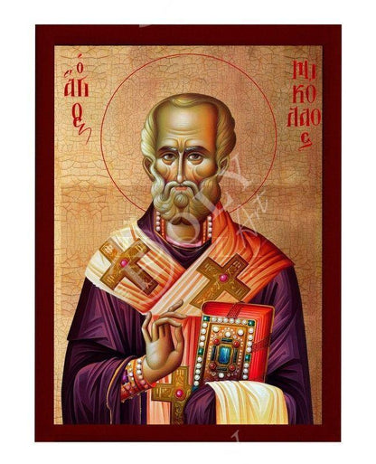 Saint Nicholas icon, Handmade Greek Orthodox icon of St Nick, Byzantine art wall hanging icon on wood plaque, religious decor (5) - TheHolyArt