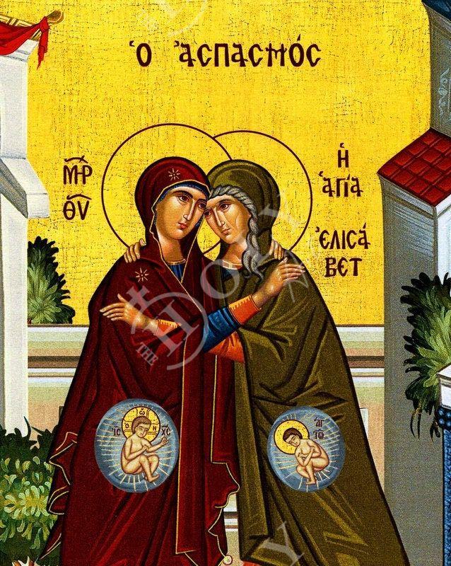 The Visitation of Theotokos to Elizabeth, Handmade Greek Orthodox icon of Virgin Mary, Byzantine wood plaque TheHolyArt