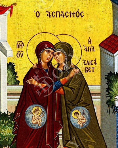 The Visitation of Theotokos to Elizabeth, Handmade Greek Orthodox icon of Virgin Mary, Byzantine wood plaque - TheHolyArt