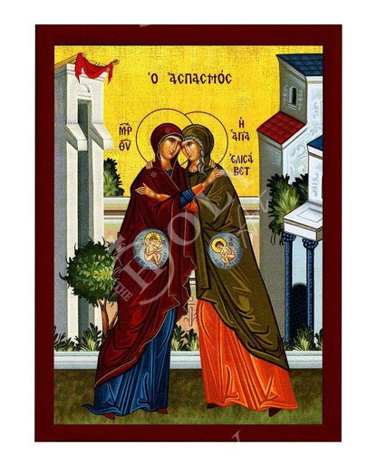 The Visitation of Theotokos to Elizabeth, Handmade Greek Orthodox icon of Virgin Mary, Byzantine wood plaque - TheHolyArt