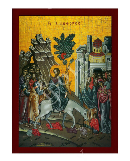 Palm Sunday Jesus Christ icon, Handmade Greek Orthodox icon of Jesus Christ Triumphal Entry, Byzantine art wall hanging on wood plaque icon - TheHolyArt