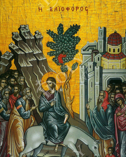 Palm Sunday Jesus Christ icon, Handmade Greek Orthodox icon of Jesus Christ Triumphal Entry, Byzantine art wall hanging on wood plaque icon - TheHolyArt